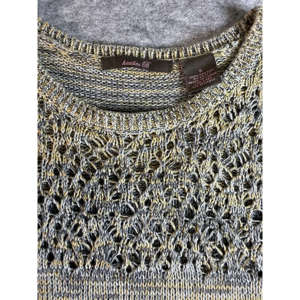 Heather B Marled Cotton Open Knit Sweater XS Gray Mustard Boho Textured Pullover